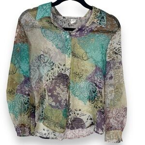 Nicola Sheer Abstract Button Blouse Womens Size Medium Artsy Boho Vintage Y2K‎